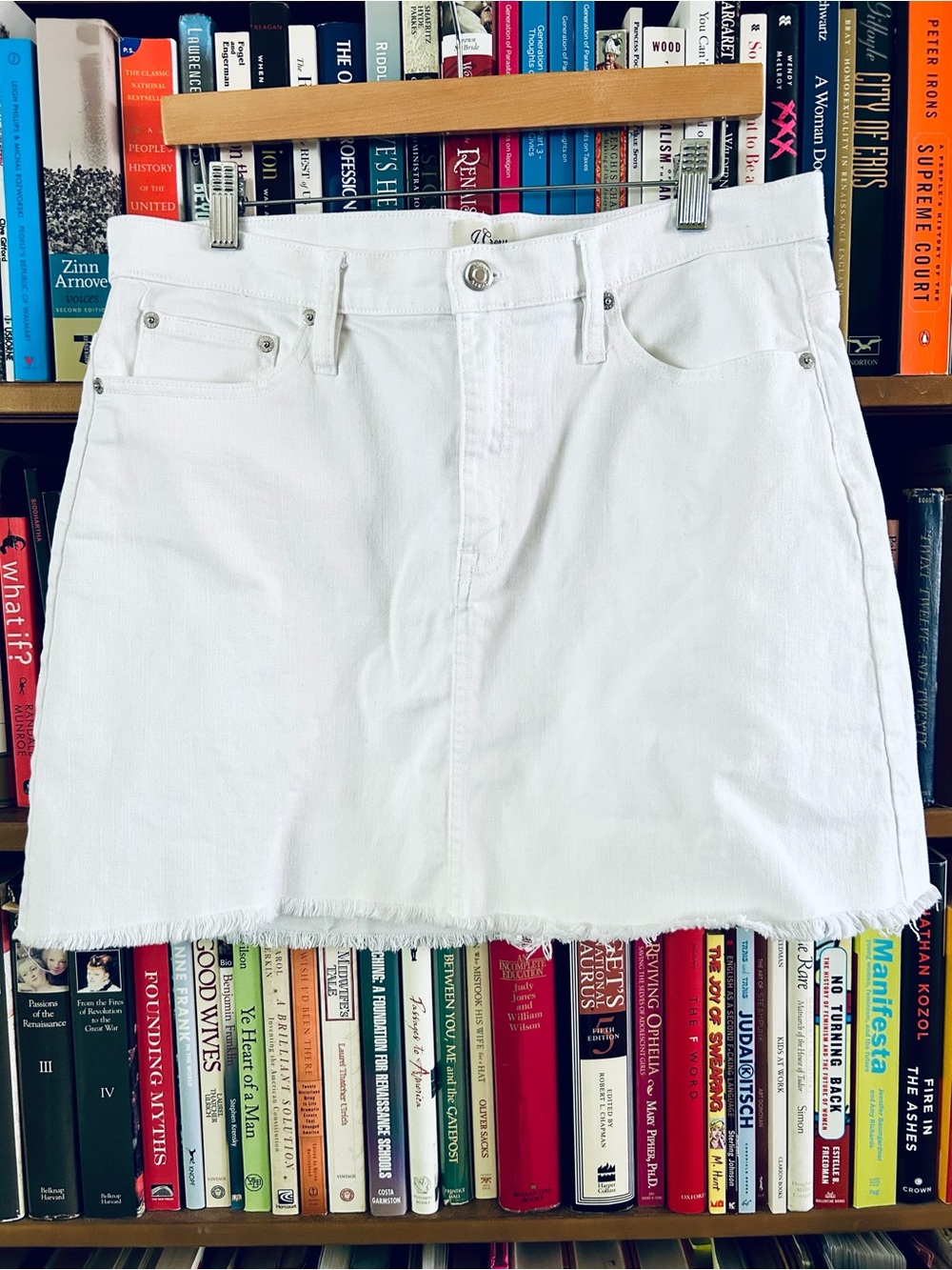 J Crew White Denim 5 Pocket Zip Frayed Hem Jean Mini Skirt, size 31 US 12